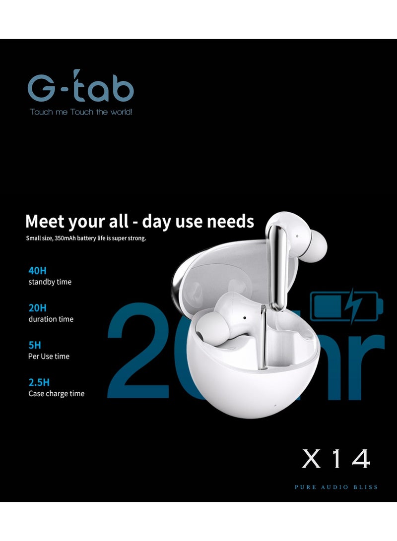 جي تاب سماعات G-Tab X14 لاسلكية TWS بتقنية بلوتوث 5.4 مع ANC وENC، سماعات ستيريو لاسلكية، تحكم باللمس، درايفر 10 مم، ميكروفون مكالمات واضح، شحن Type-C، أبيض / فضي - Image 3